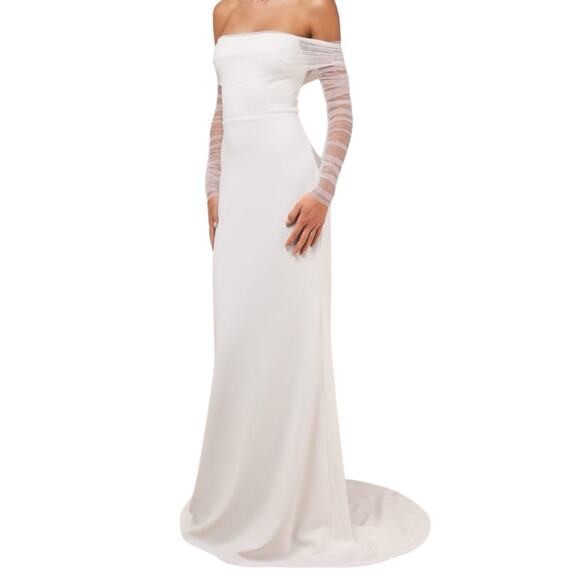 NWD Lulus Beautifully Beloved White Mesh Off Shoulder Maxi Wedding Dress Medium - Picture 2 of 13